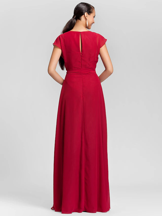 Etui-/Säulenkleid für die Brautjungfer, Wasserfallausschnitt, kurze Ärmel, elegant, bodenlang, Chiffon mit Schärpe/Band/Drapierung