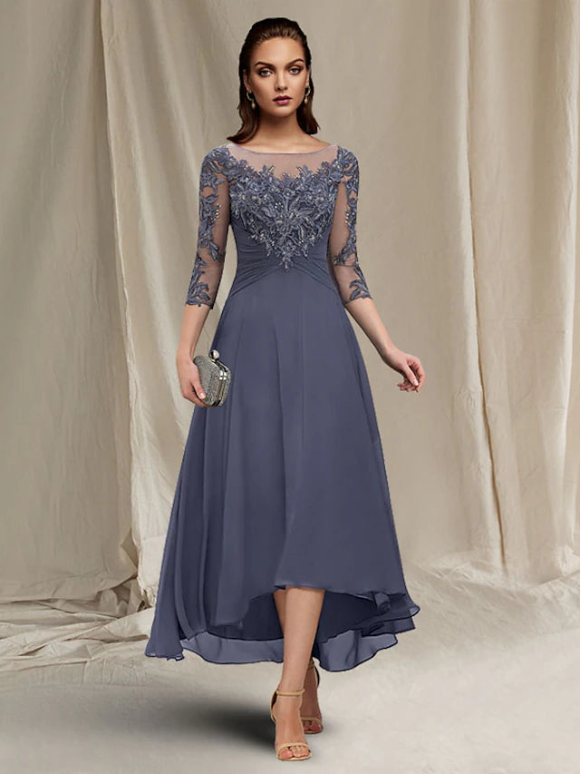 A-Line Mother of the Bride Dress Elegant High Low Jewel Neck Asymmetrical Tea Length Chiffon Lace Short Sleeve Wrap Included with Ruched Sequin Appliques