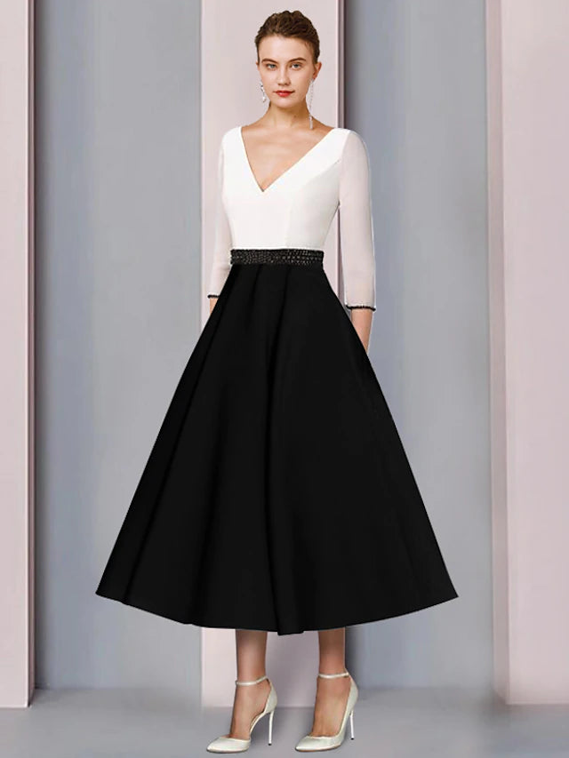 A-Line Mother of the Bride Dress Wedding Guest Elegant V Neck Tea Length Chiffon Satin Short Sleeve with Sash / Ribbon Color Block