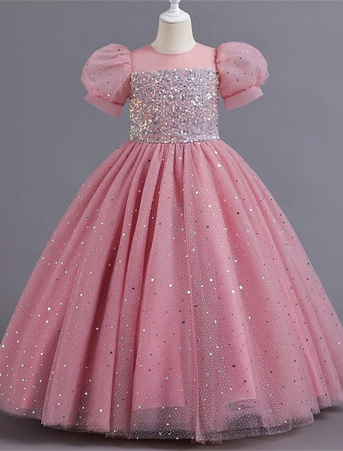 Kids Girls' Party Dress Solid Color Flower Short Sleeve Performance Wedding Sequins Elegant Princess Polyester Maxi Tulle Dress Summer Spring 4-13 Years Multicolor White Pink