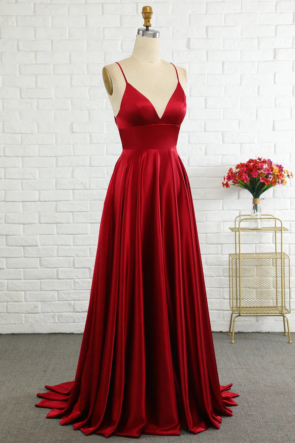 A Line Spaghetti Straps Simple Long Prom Dress with Cirss Cross Back