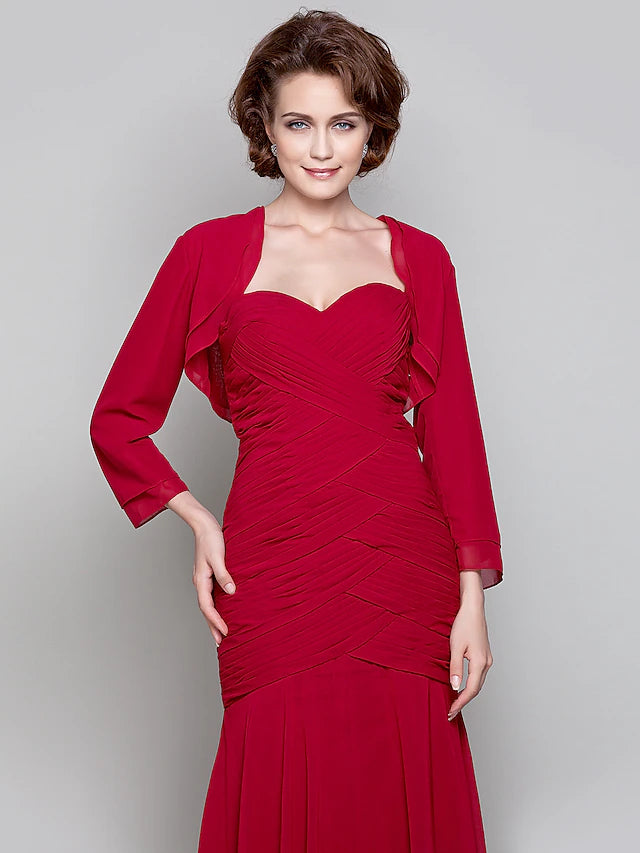 Mermaid / Trumpet Mother of the Bride Dress Two Piece Sweetheart Floor Length Chiffon Long Sleeve with Criss Cross