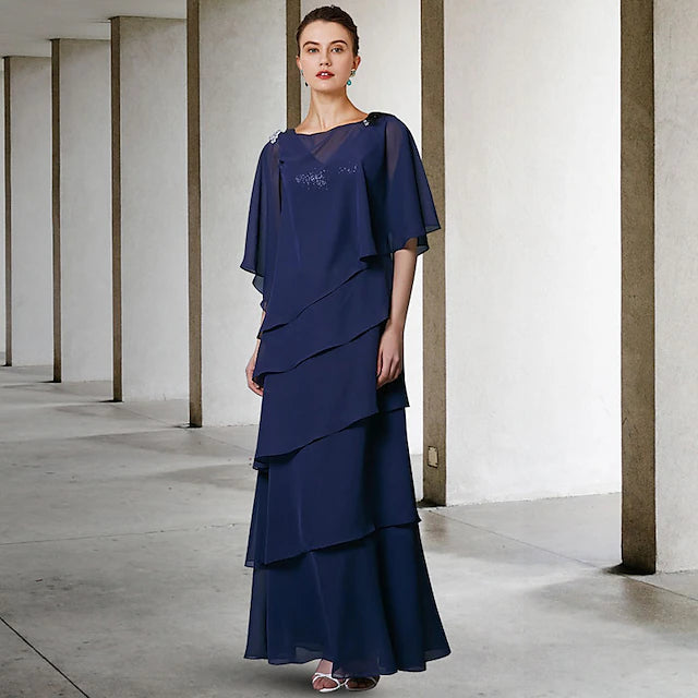 A-Line Mother of the Bride Dress Elegant V Neck Floor Length Chiffon Sequined Sleeveless Wrap Included with Sequin Ruffles