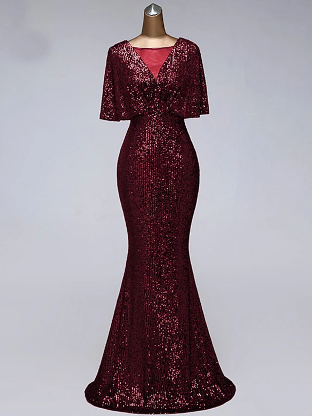 Meerjungfrau/Trompete Ballkleider Glitzerkleid Hochzeitsgast Bodenlang Halbarm Illusionsausschnitt Paillettenbesetzt mit Paillettenrüschen