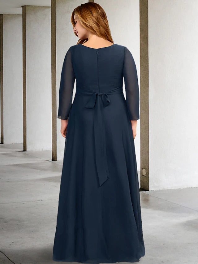 A-Line Plus Size Curve Mother of the Bride Dresses Elegant Dress Formal Asymmetrical Long Sleeve V Neck Chiffon with Pleats Crystals