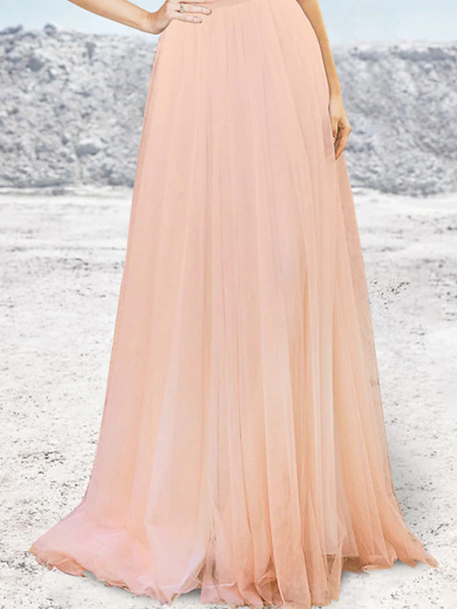 A-Line Evening Gown Elegant Dress Formal Sweep / Brush Train Sleeveless Strapless Tulle with Pleats