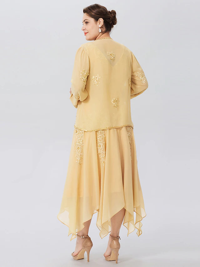 A-Line Mother of the Bride Dress Formal Plus Size Elegant High Low V Neck Asymmetrical Chiffon Beaded Lace Long Sleeve Wrap Included with Beading Appliques