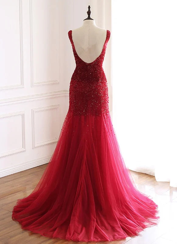 Mermaid Tulle Open Back Beaded Long Prom Dress