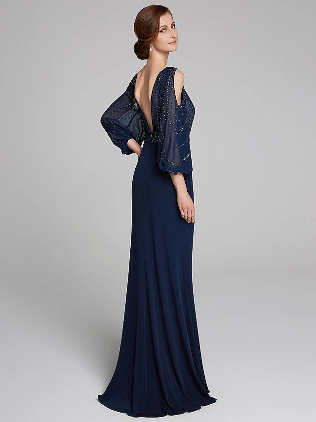 Sheath / Column Mother of the Bride Dress Sparkle & Shine Boat Neck Floor Length Chiffon Jersey Long Sleeve No with Beading Ruching