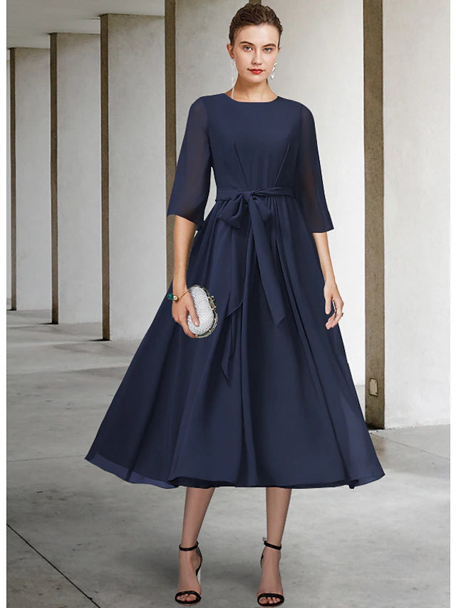 A-Line Mother of the Bride Dress Elegant Jewel Neck Tea Length Chiffon Half Sleeve with Sash / Ribbon Bow(s) Pleats