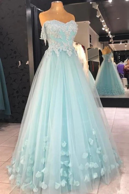 A Line Strapless Floor Length Tulle Flowers Appliqued Prom Dress