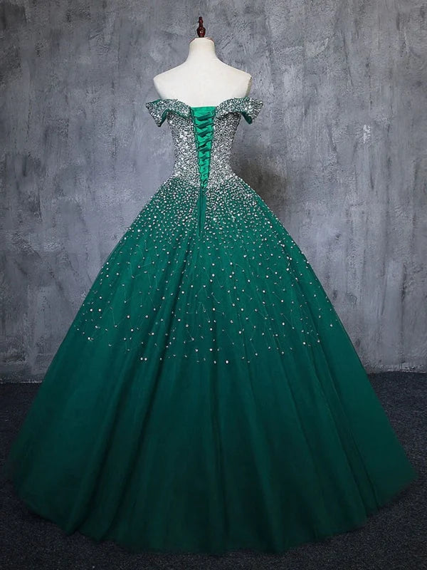 Gorgeous Off Shoulder Beaded Tulle Long Prom Dresses