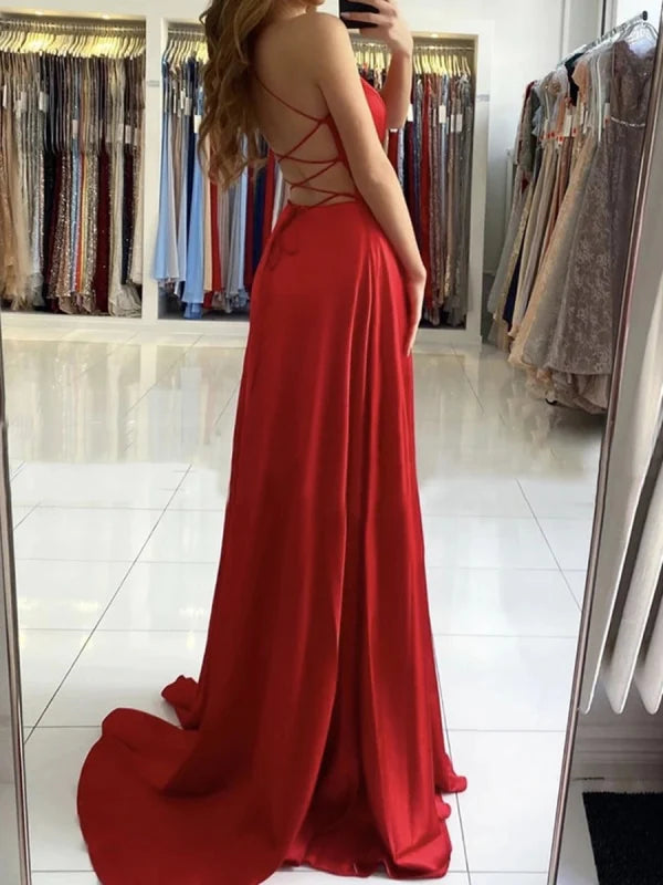 A Line V Neck Backless Long Prom Dresses with Slit