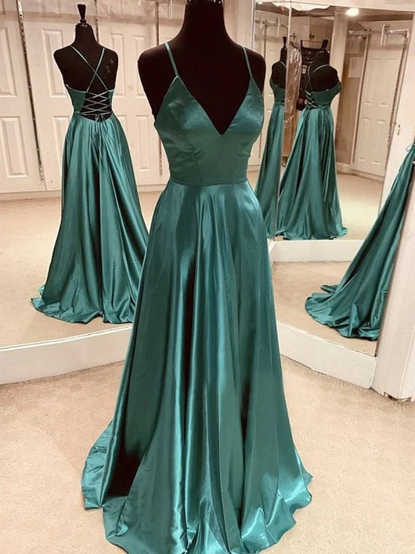 A Line V Neck Satin Backless Long Prom Dresses