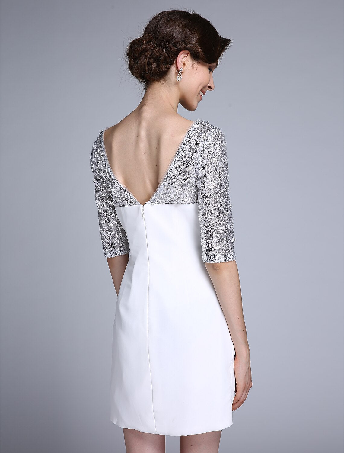 Sheath / Column Mother of the Bride Dress Sparkle & Shine Jewel Neck Short / Mini Chiffon Half Sleeve No with Sequin