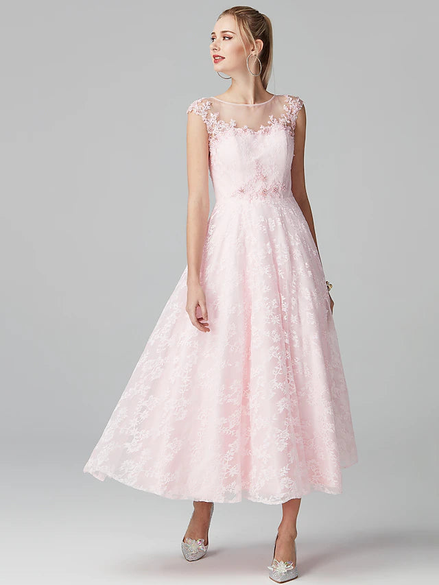 A-Line Prom Dresses Floral Dress Evening Party Ankle Length Short Sleeve Illusion Neck Lace Zipper with Appliques