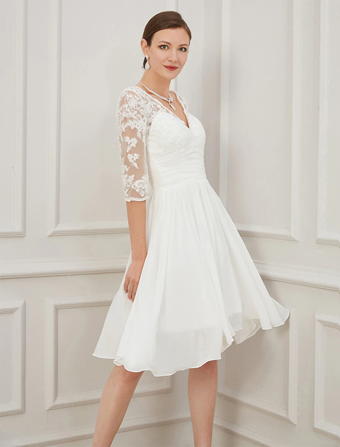 Bridal Shower Little White Dresses Wedding Dresses Knee Length A-Line Half Sleeve V Neck Chiffon With Draping Appliques