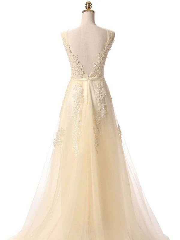 A Line V Neck Sleeveless Floor Length Lace Applique Prom Dress