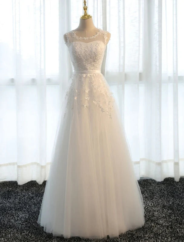 A Line Long Lace Party Dress Applique Tulle Formal Dress Prom Dresses