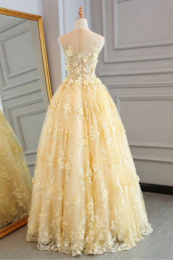A-line Neck Tulle Lace Floral Floor Length Prom Dresses
