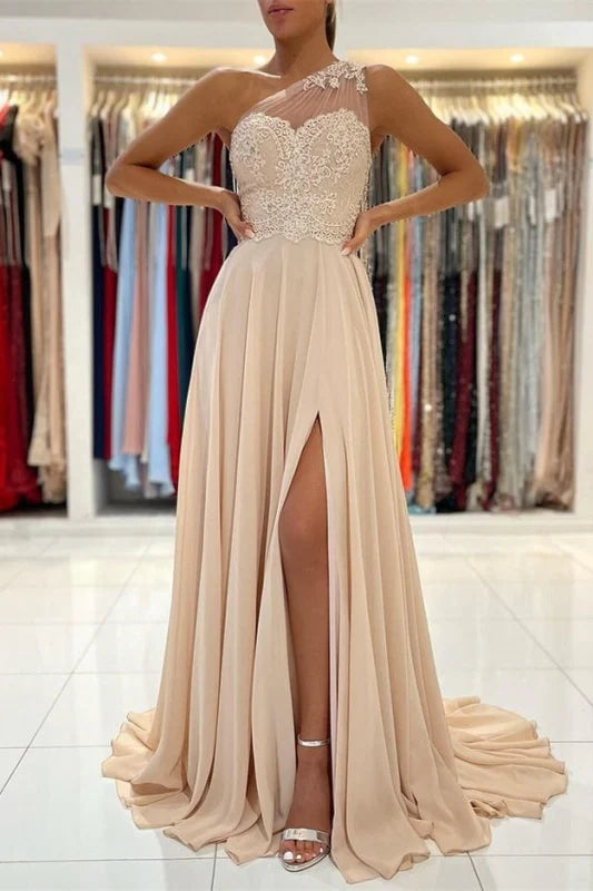 A-Line Sleeveless One Shoulder Simple Lace Appliques Prom Dress