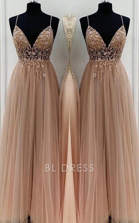 A-Line/Elegant Spaghetti Straps Sleeveless Beading Tulle Floor-Length formal dresses Bridesmaid Dresses evening gown Prom Dress With Split