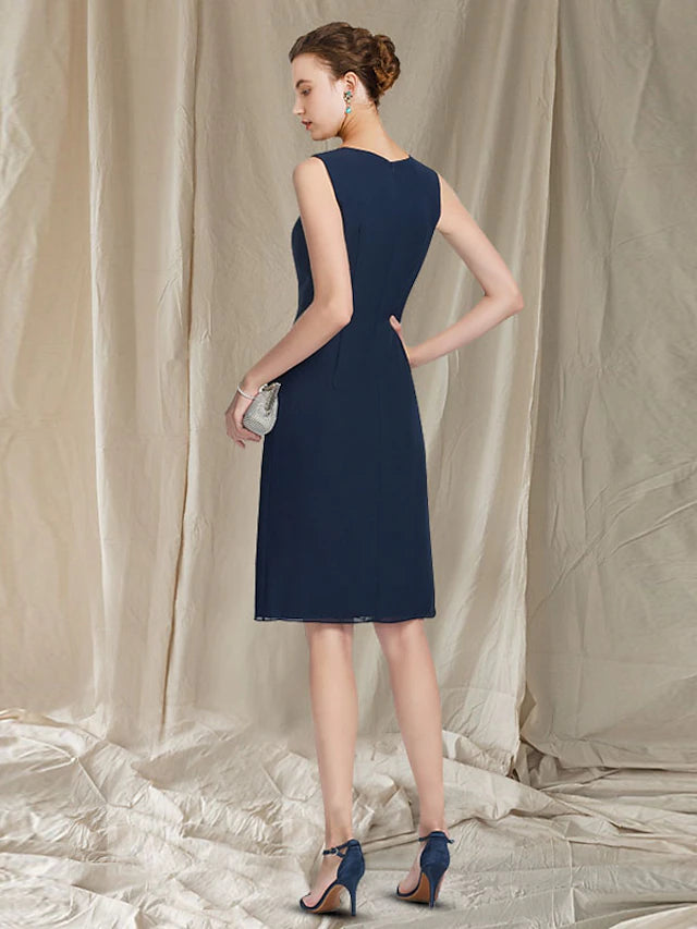Two Piece Sheath / Column Mother of the Bride Dress Elegant Jewel Neck Knee Length Chiffon Sleeveless Jacket Dresses with Beading Sequin
