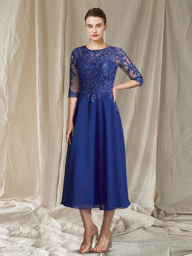 A-Line Mother of the Bride Dress Elegant Jewel Neck Tea Length Chiffon Lace Half Sleeve with Sequin Appliques