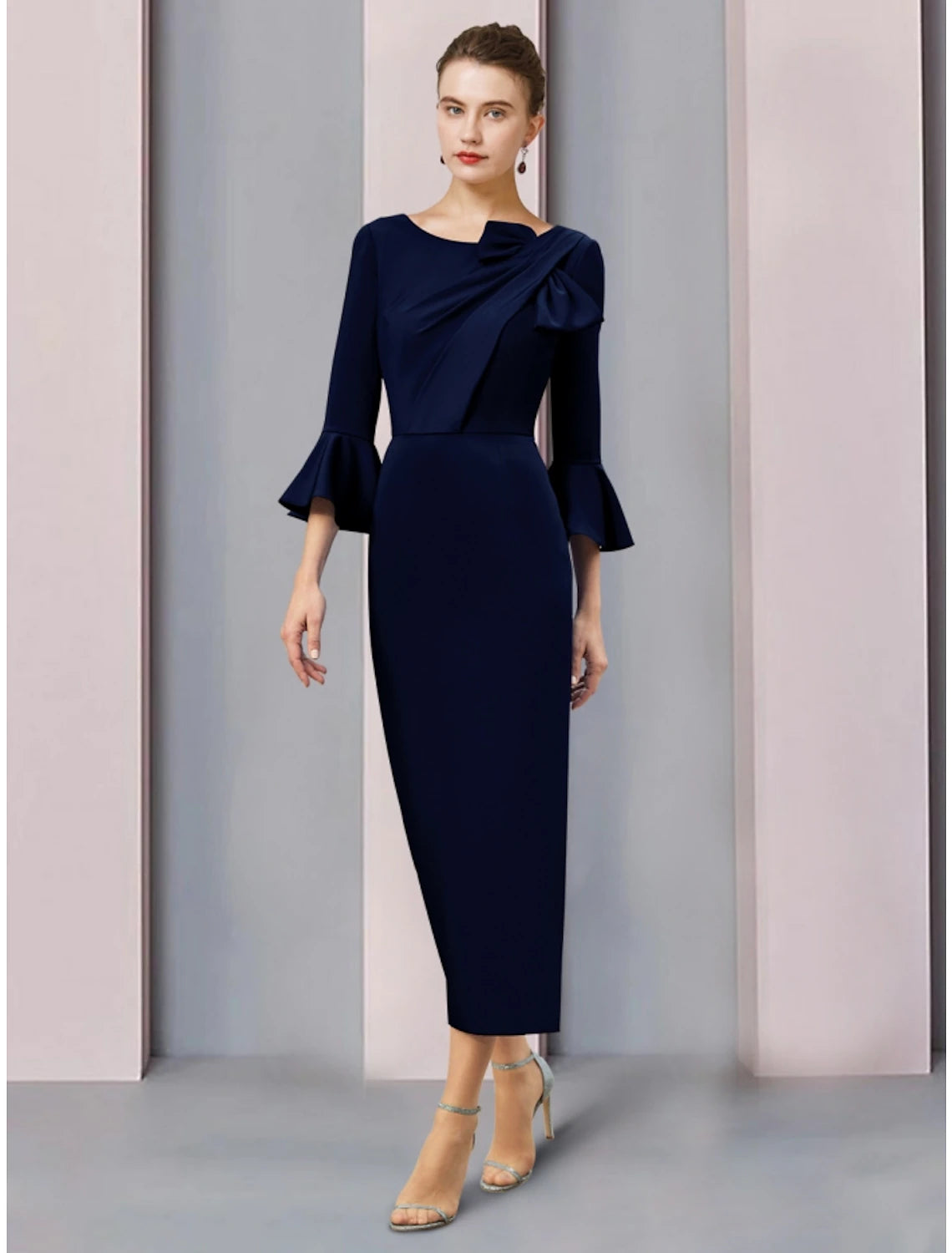 A-Line Mother of the Bride Dress Wedding Guest Elegant Scoop Neck Ankle Length 3/4 Length Sleeve with Bow(s) Ruching Solid Color