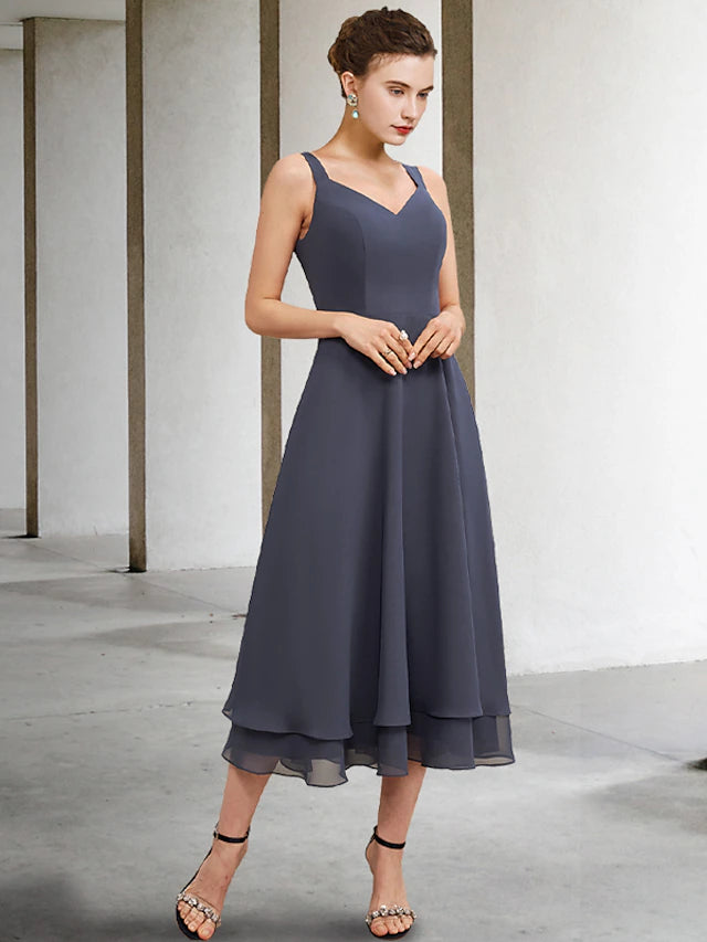 A-Line Mother of the Bride Dress Elegant V Neck Tea Length Chiffon Lace Sleeveless Jacket Dresses with Tier Solid Color