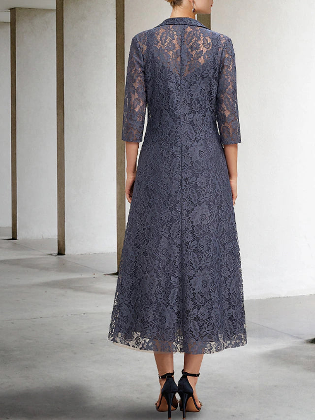 A-Line Mother of the Bride Dress Elegant V Neck Tea Length Chiffon Lace Sleeveless Jacket Dresses with Tier Solid Color