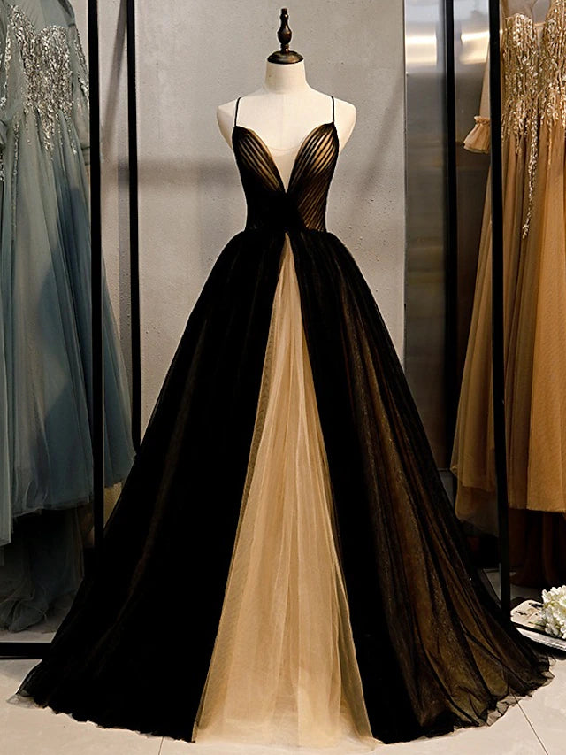 A-Line Evening Gown Color Block Dress Engagement Sweep / Brush Train Sleeveless V Neck Wednesday Addams Family Tulle Crisscross Back with Pleats