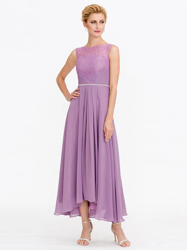 Two Piece Ball Gown A-Line Mother of the Bride Dress Formal Church Convertible Dress High Low See Through Illusion Neck Asymmetrical Chiffon Lace 3/4 Length Sleeve with Crystals