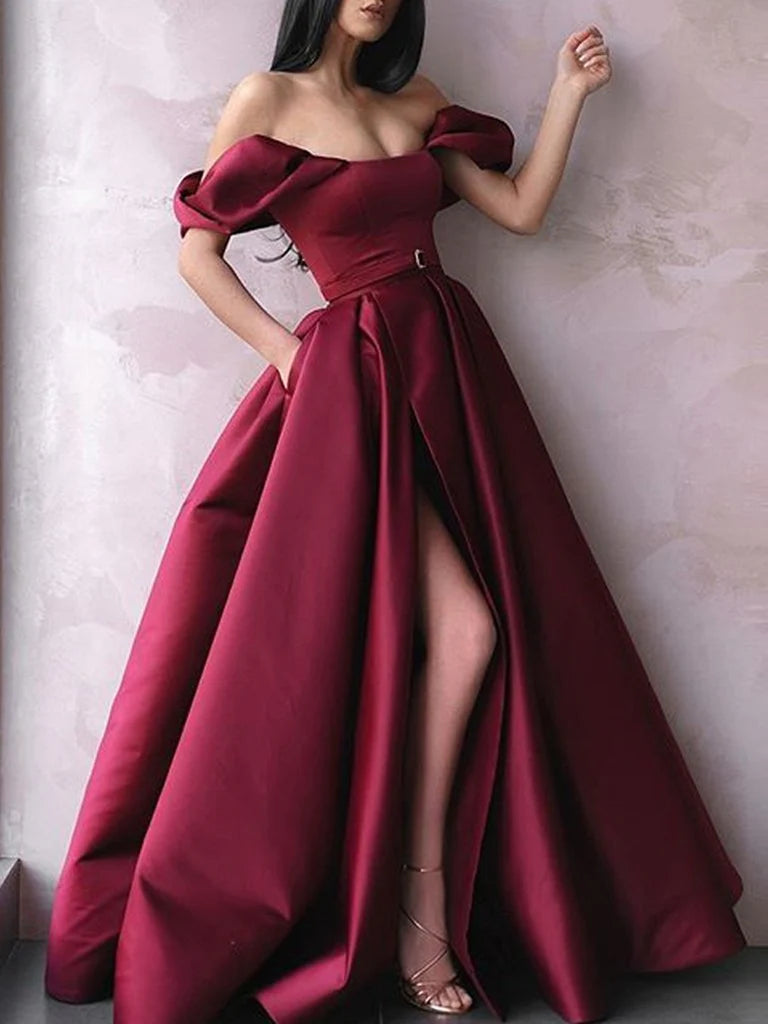 A-line Off The Shoulder Long Prom Dresses With Slit Long Formal Evening Dresses