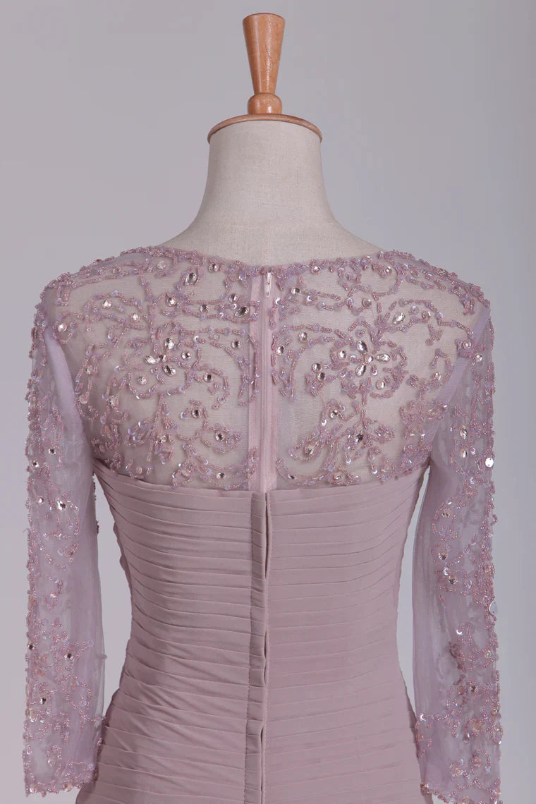 Beaded Ruched 3/4 Length Sleeves Sheath Chiffon Mother Of The Bride Dresses