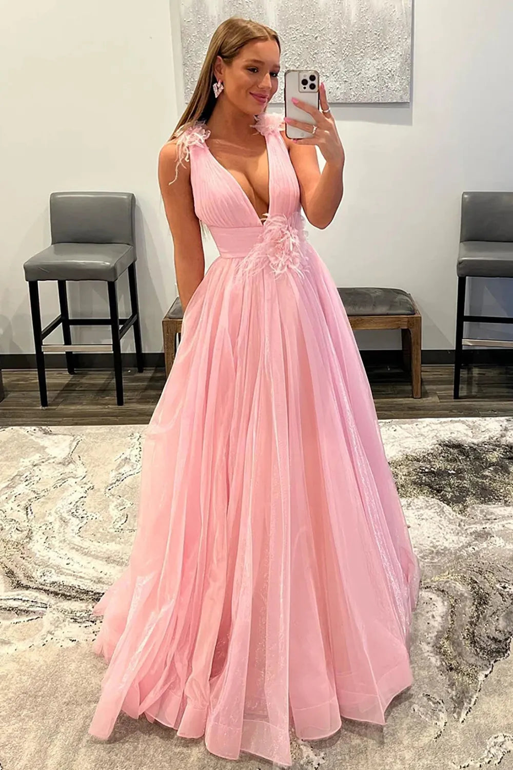 A-line V-Neck Tulle Long Prom Dress with Open Back
