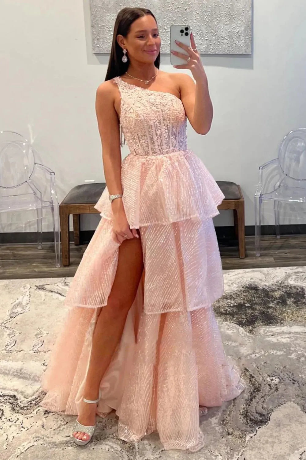 A Line One Shoulder Long Prom Dress with Ruffles