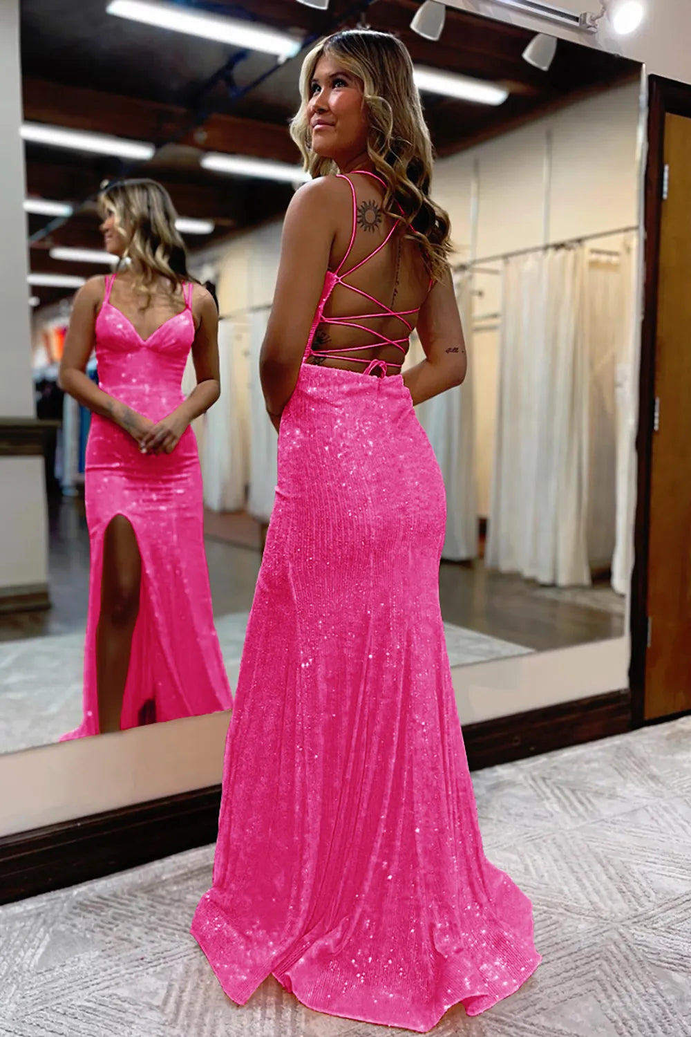 Mermaid Spaghetti Straps Sequins Long Prom Dress with Split Front