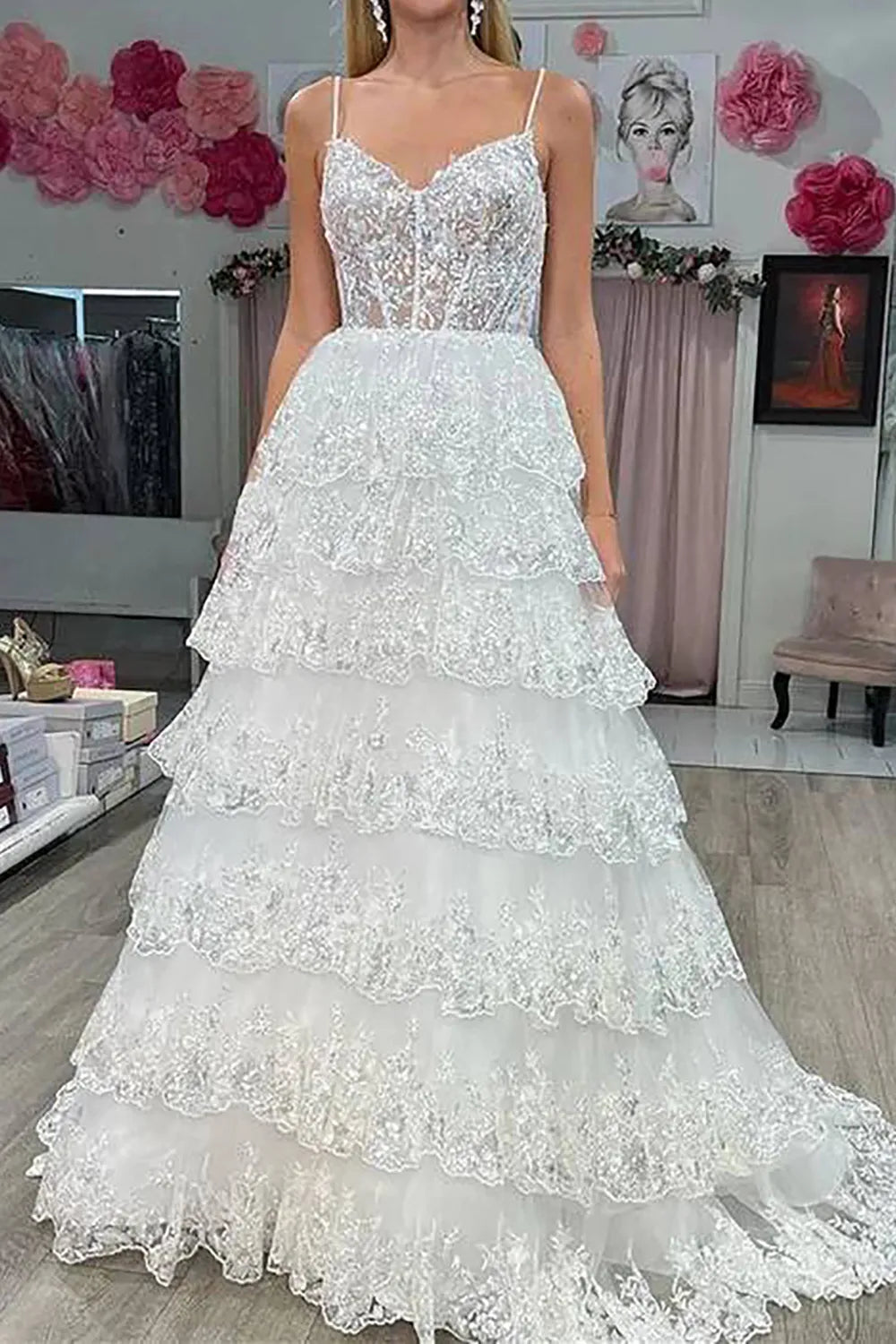 A Line Spaghetti Straps Corset Lace Prom Dress with Ruffles