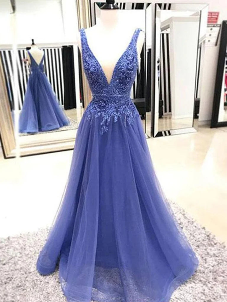 A Line V Neck Sleeveless Lace Applique Prom Dress Formal Dress
