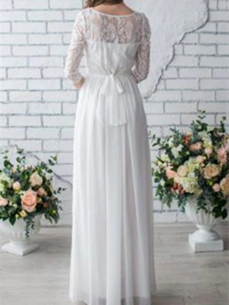 A-line Round Neck Lace Long Half Sleeves Chiffon Wedding Dress