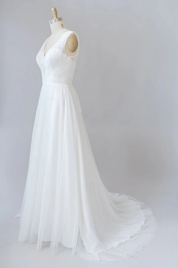 A-line V-neck Lace Tulle Backless Long Wedding Dress