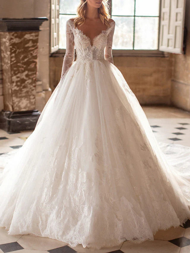 A-Line V Neck Court Train Lace Tulle Backless Wedding Dresses with Sleeves