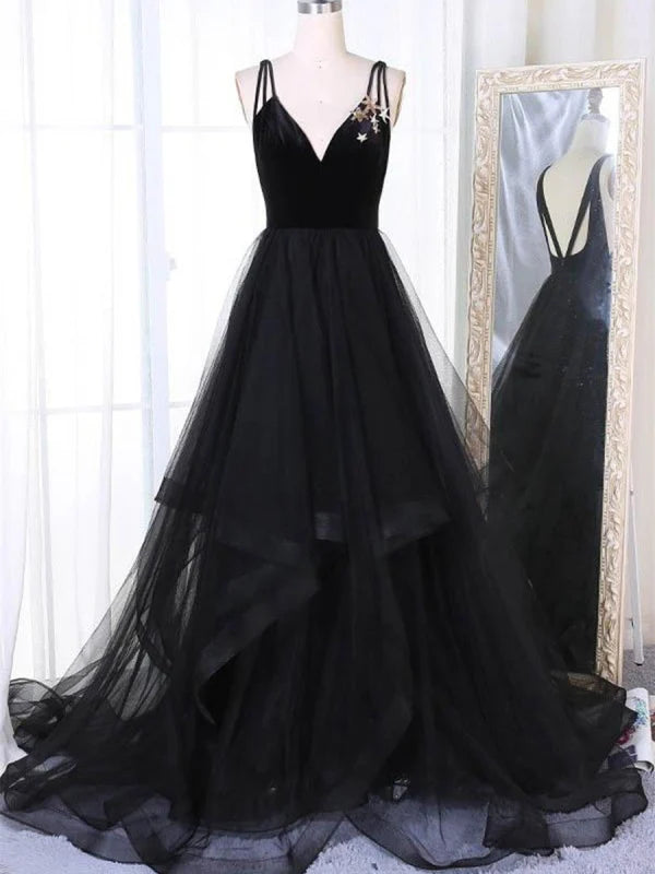 A Line V Neck Tulle Ball Gown Prom Dresses