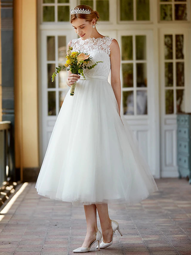 Little White Dresses Wedding Dresses Tea Length A-Line Sleeveless Illusion Neck Lace With Sashes / Ribbons Buttons