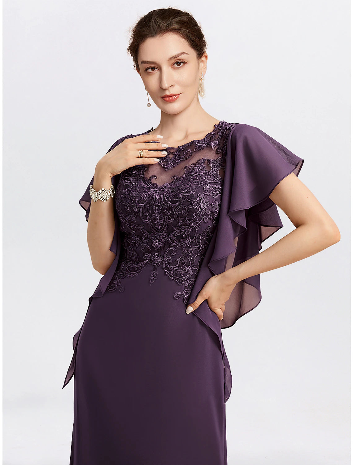 Etuikleid für die Brautmutter, Cape-Kleid, formeller Hochzeitsgast, eleganter Rundhalsausschnitt, bodenlang, Chiffon, kurze Ärmel mit Perlenapplikationen