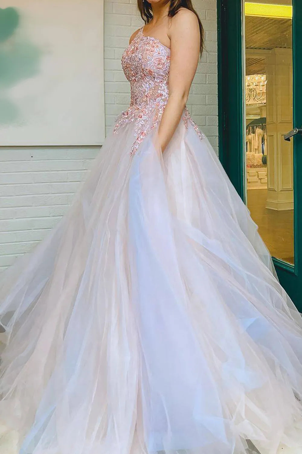 A Line One Shoulder Long Prom Dress with Appliques