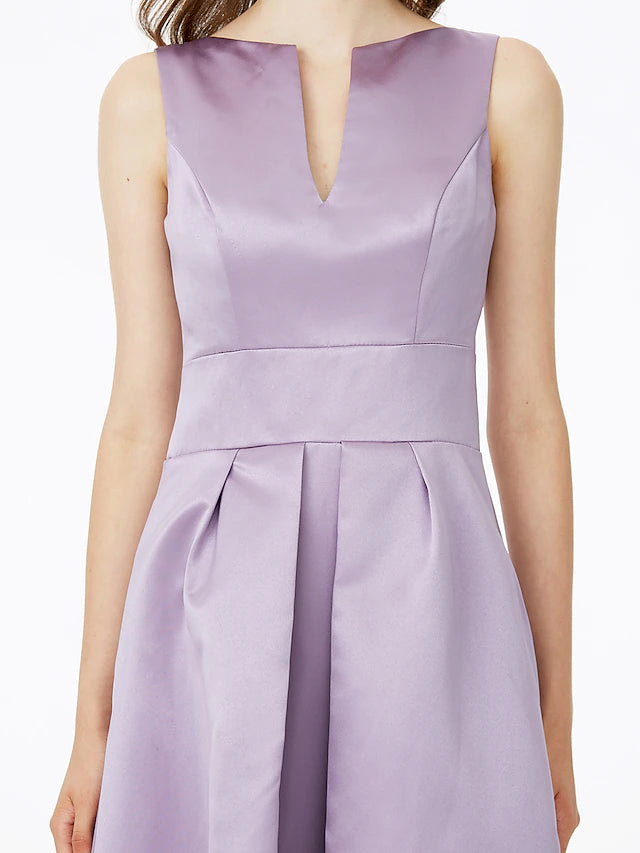 A-Linie Brautjungfernkleid mit Kerbe, ärmellos, elegant, bodenlang, Satin mit Falten/Tasche