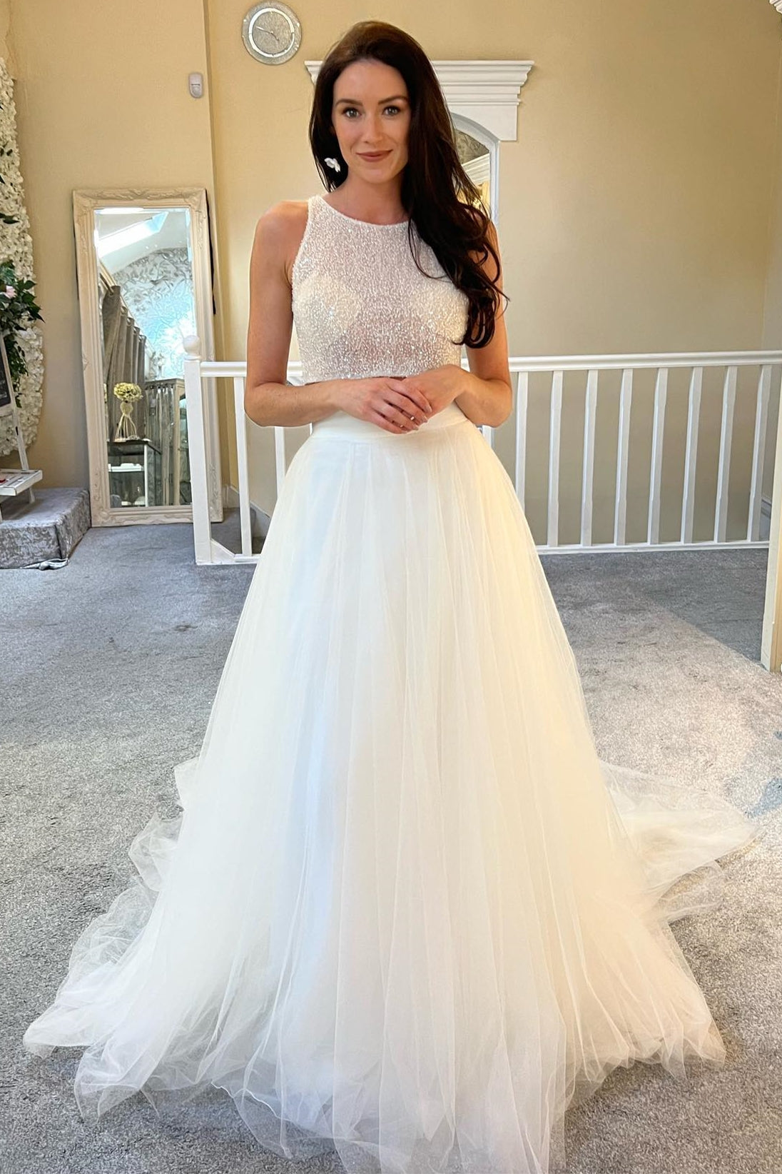 Beaded Two Piece A-line Round Sleeveless Cutout Back Train Wedding Dress