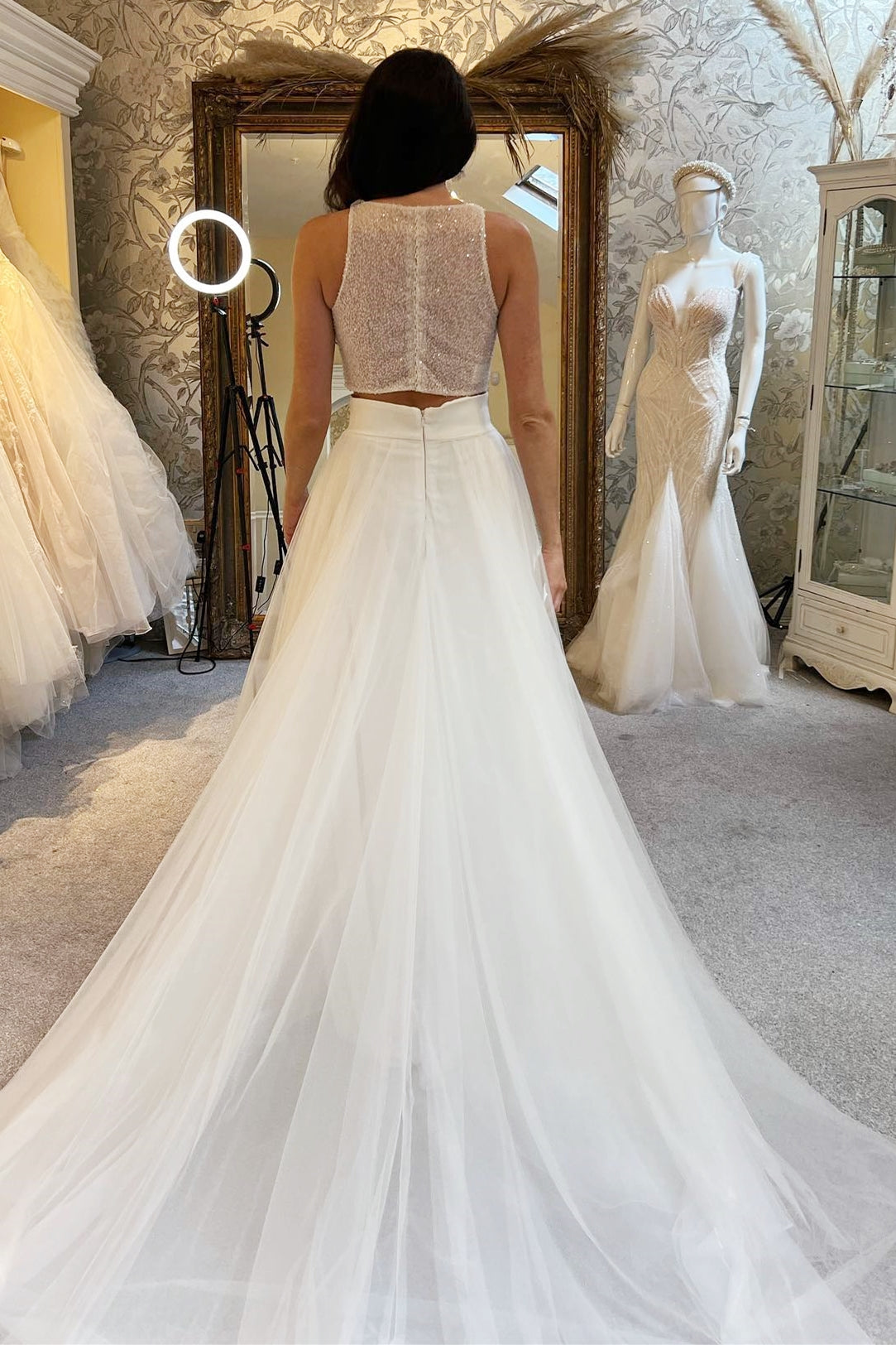 Beaded Two Piece A-line Round Sleeveless Cutout Back Train Wedding Dress